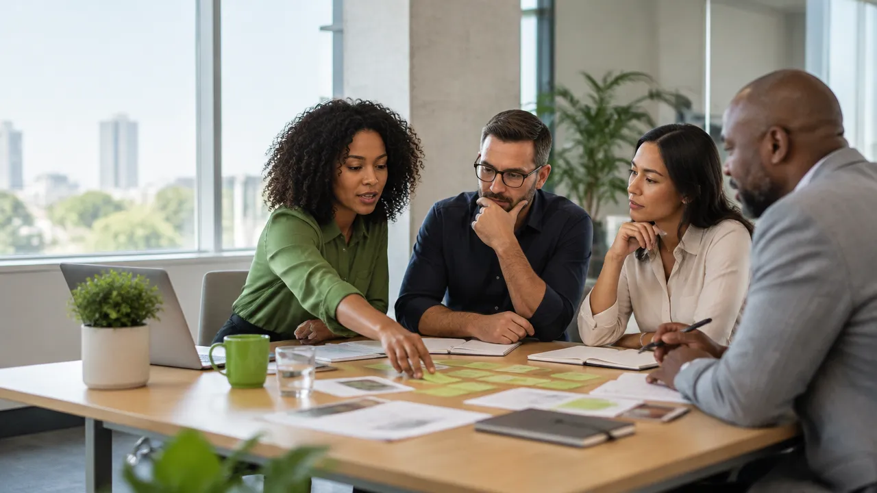 Equipe diversa em reunião mapeia dilemas e limites éticos no trabalho