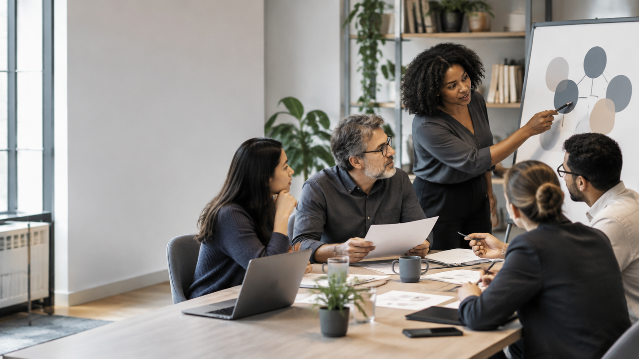 Equipe diversa em uma reunião colaborativa, comparando ideias e perspectivas para criar soluções inovadoras
