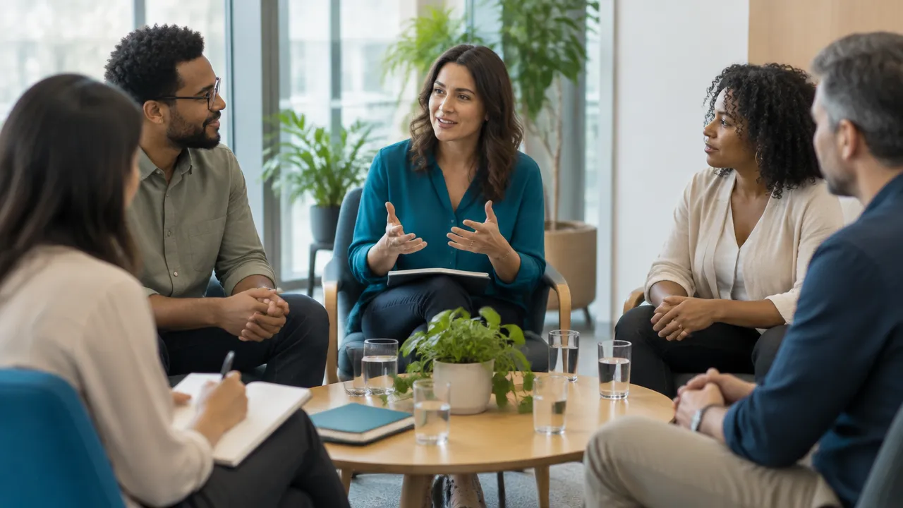Equipe diversa participa de uma conversa de escuta e aprendizagem, com anotações para acompanhar o desenvolvimento humano no trabalho.