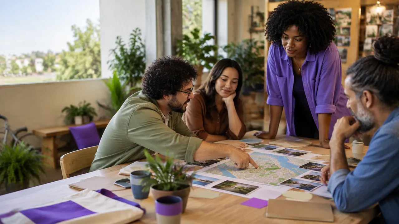 Equipe diversa planejando um projeto comunitário com escuta, propósito e responsabilidade social