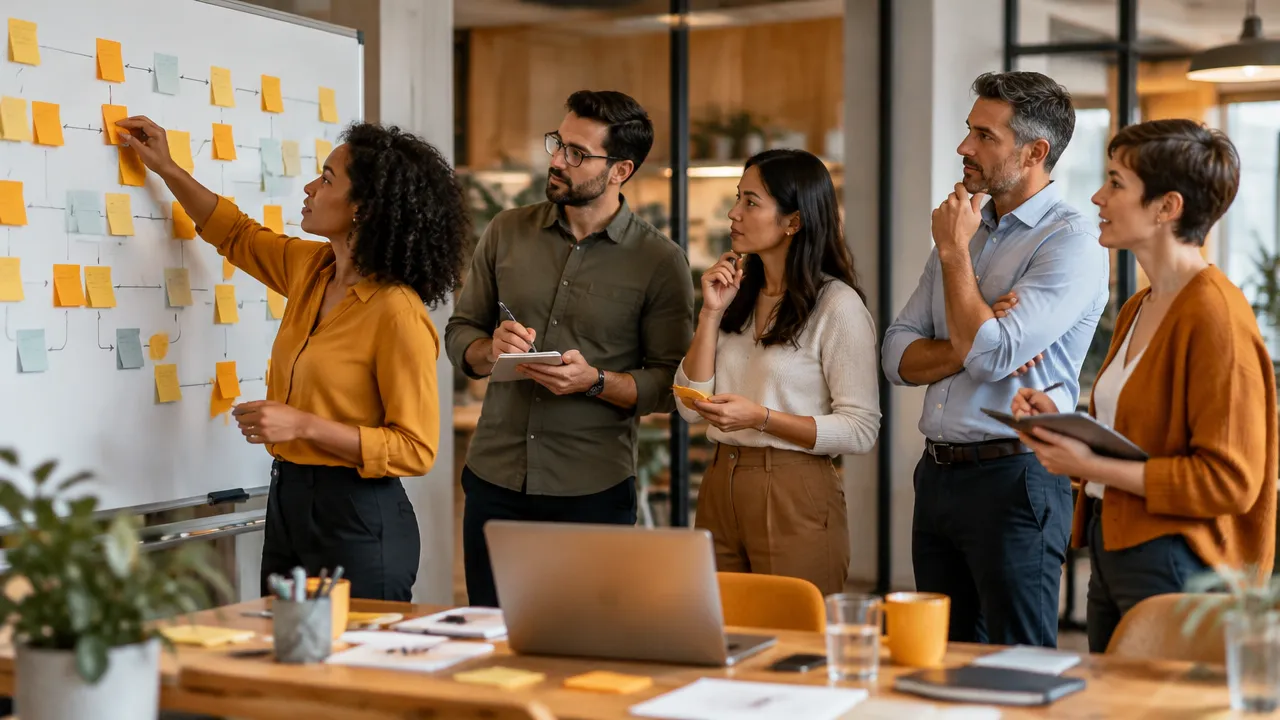 Equipe e facilitadora mapeiam juntas etapas de colaboração diante de um quadro de planejamento