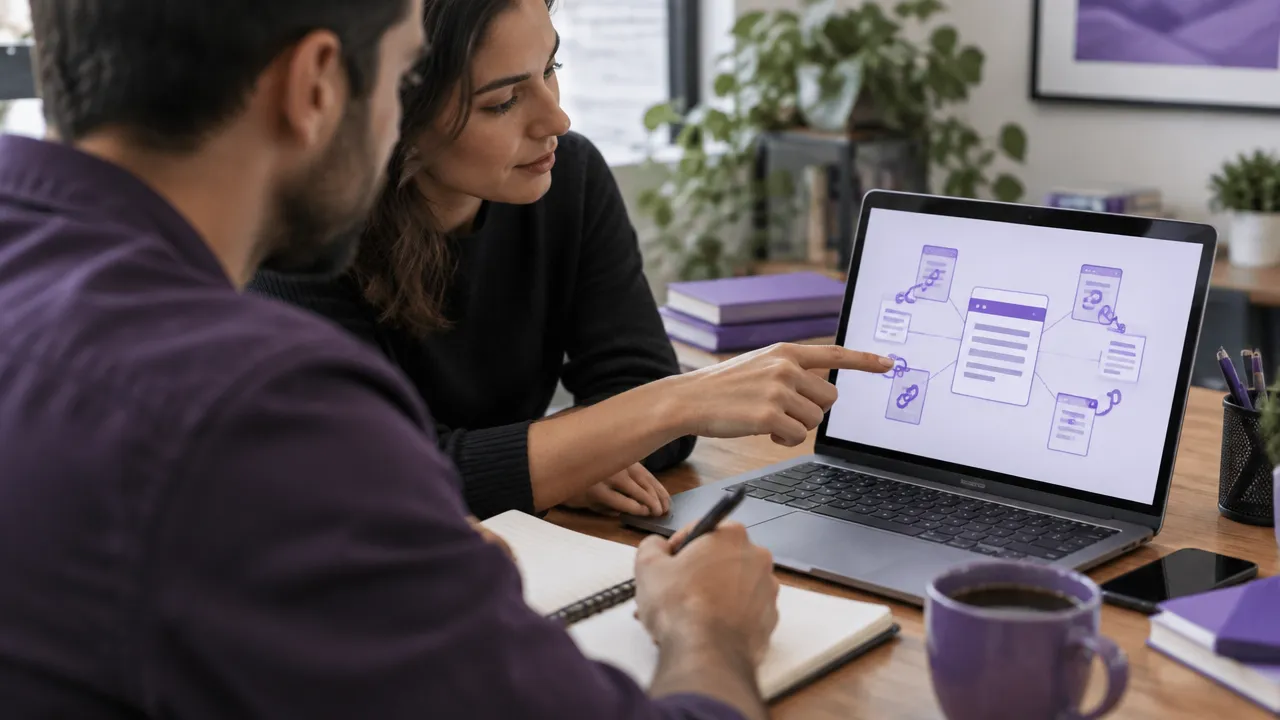 Equipe editorial planejando conteúdo útil e conexões naturais entre páginas