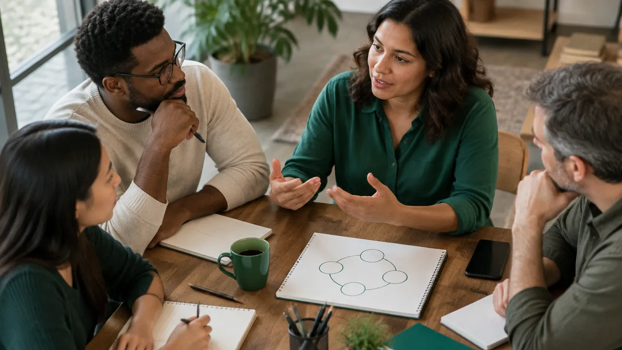 Equipe em conversa atenta transforma reflexão sobre valores em decisões concretas no trabalho.