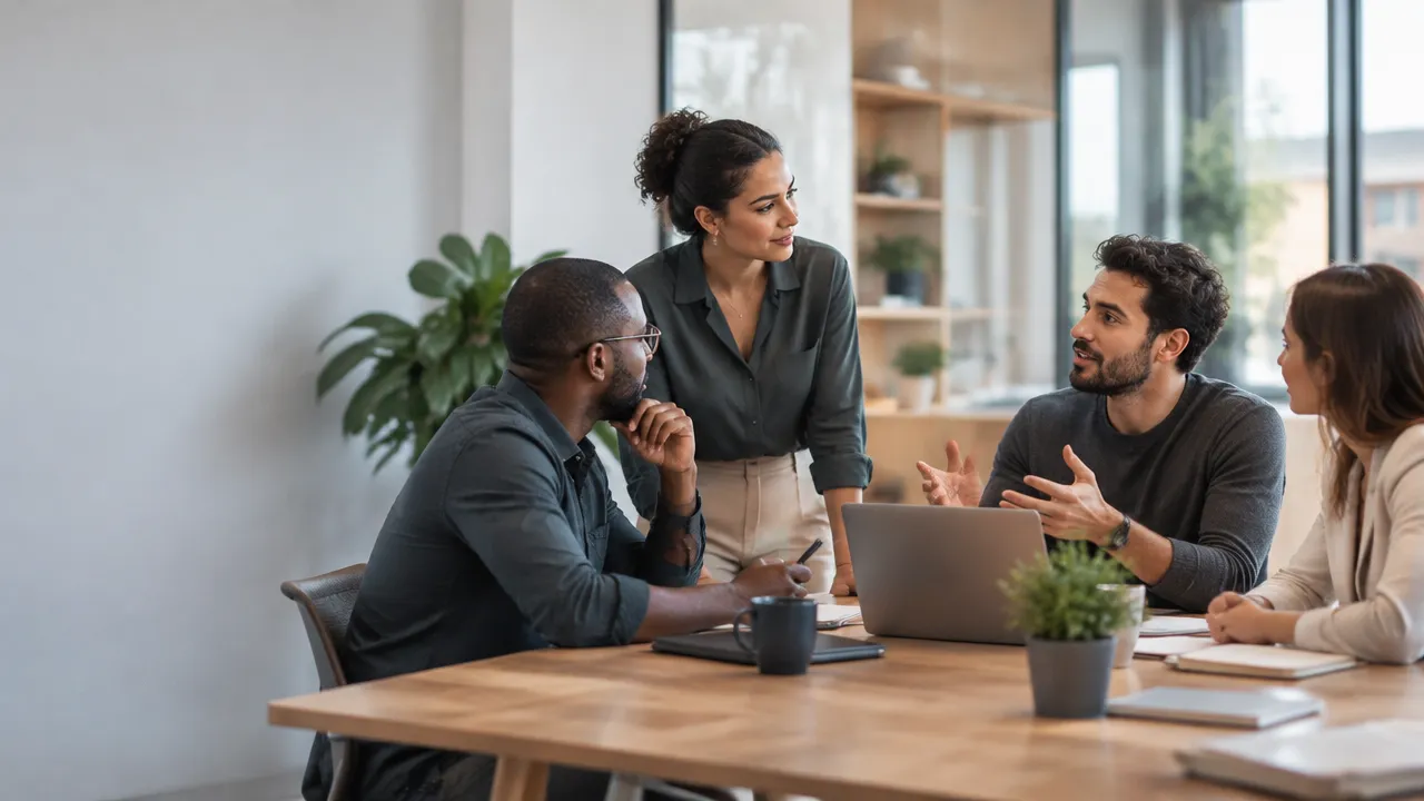 Equipe em conversa colaborativa num escritório iluminado, representando bem-estar psicológico e desempenho no trabalho.