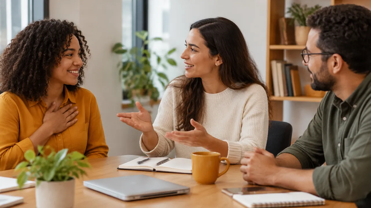 Equipe em conversa respeitosa, com uma pessoa reconhecendo de forma concreta a contribuição de uma colega.