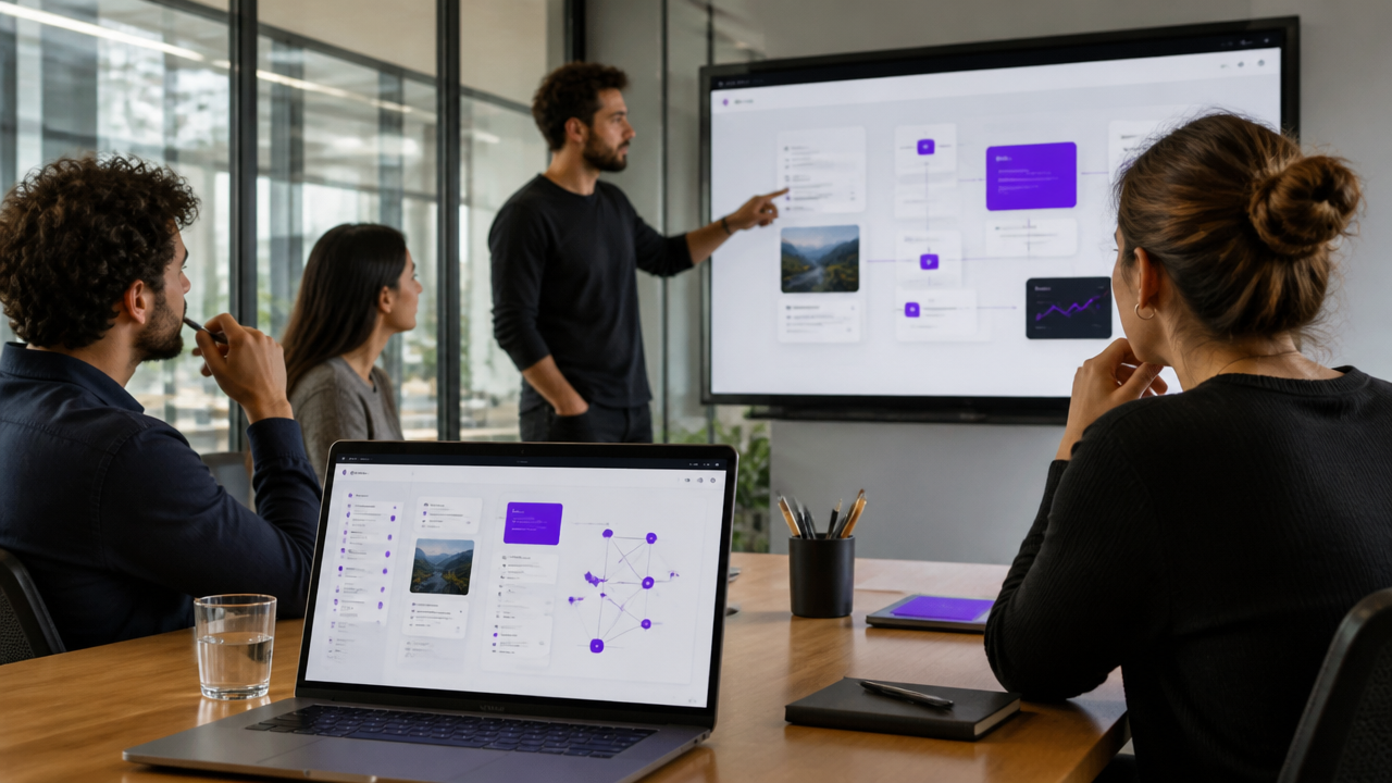 Equipe em escritório usando um sistema digital para organizar conhecimento e notas da empresa