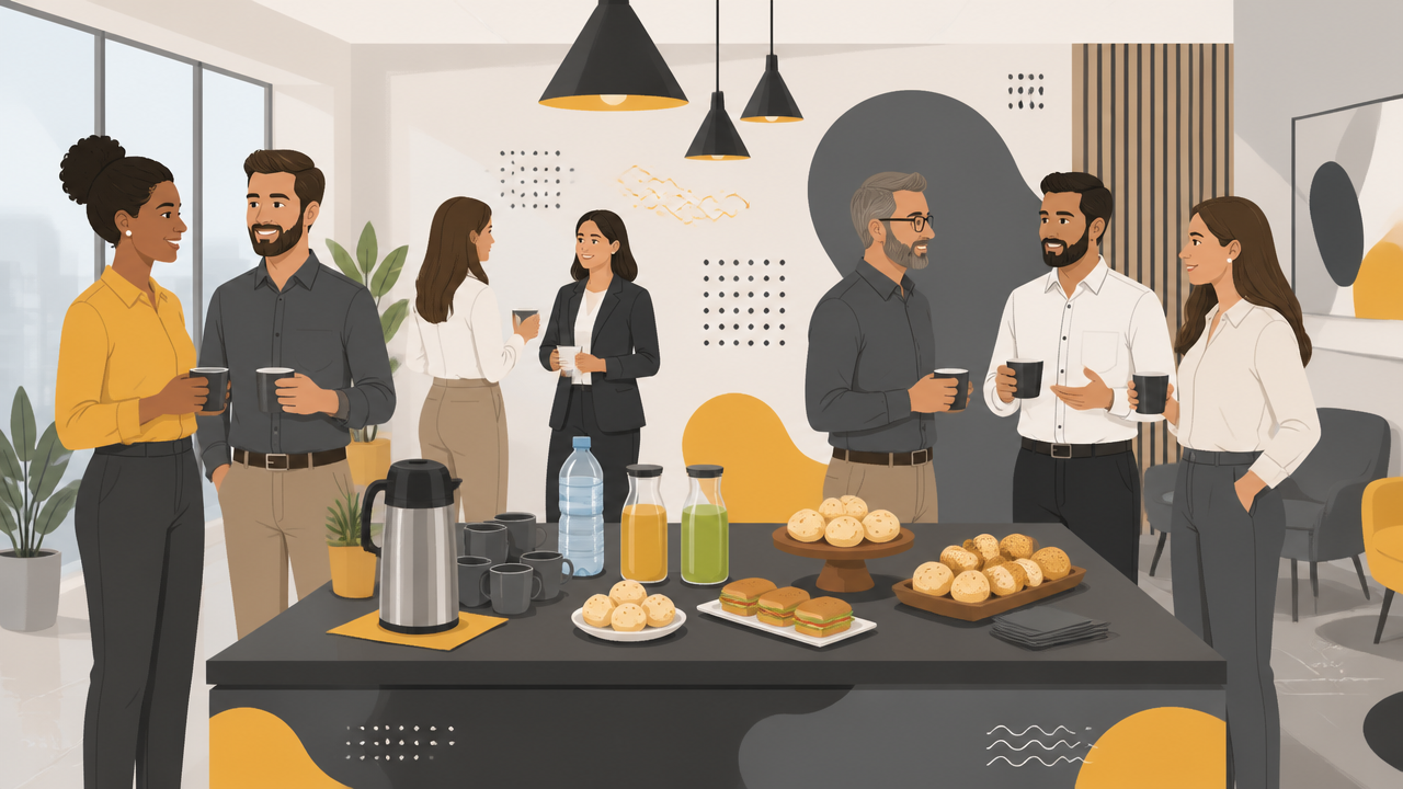 Equipe em pausa para café durante evento corporativo, com mesa organizada de bebidas e lanches em escritório.