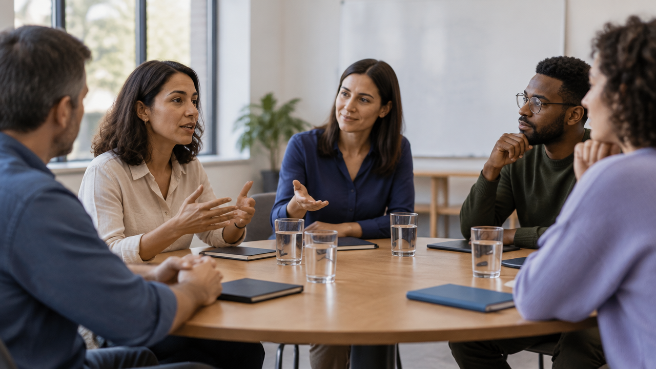 Equipe em retrospectiva semanal praticando escuta, reflexão e aprendizagem conjunta