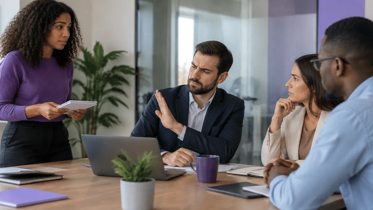 Equipe em reunião com uma pessoa na defensiva e colegas hesitantes em oferecer feedback