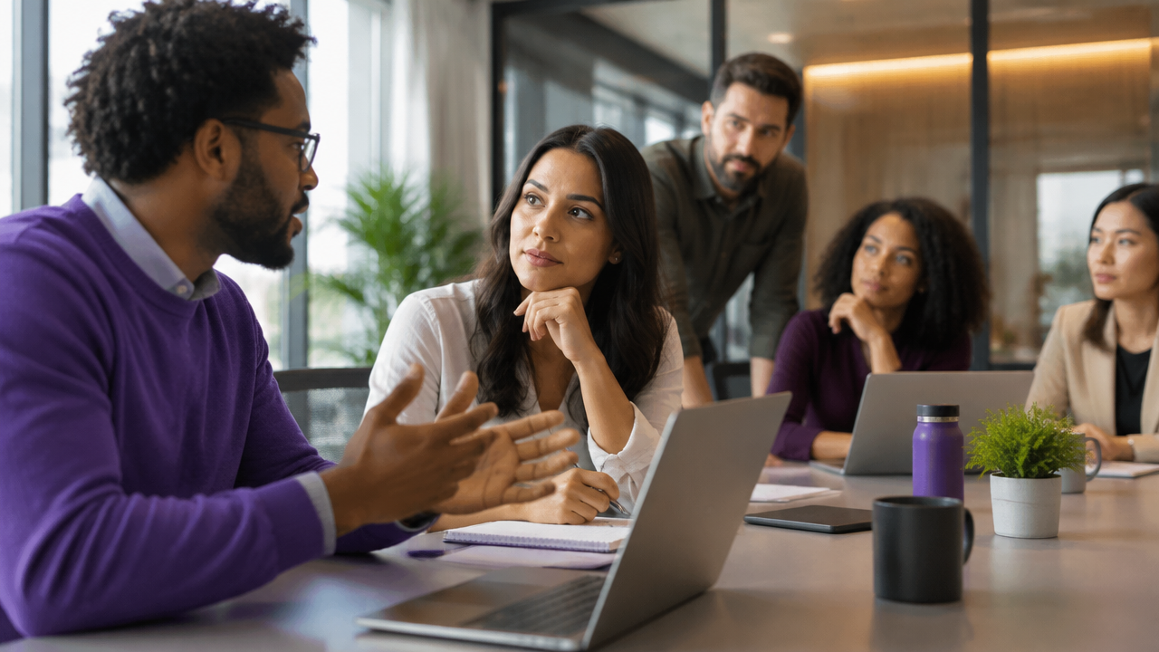 Equipe em reunião conversa e se escuta em um ambiente de trabalho contemporâneo