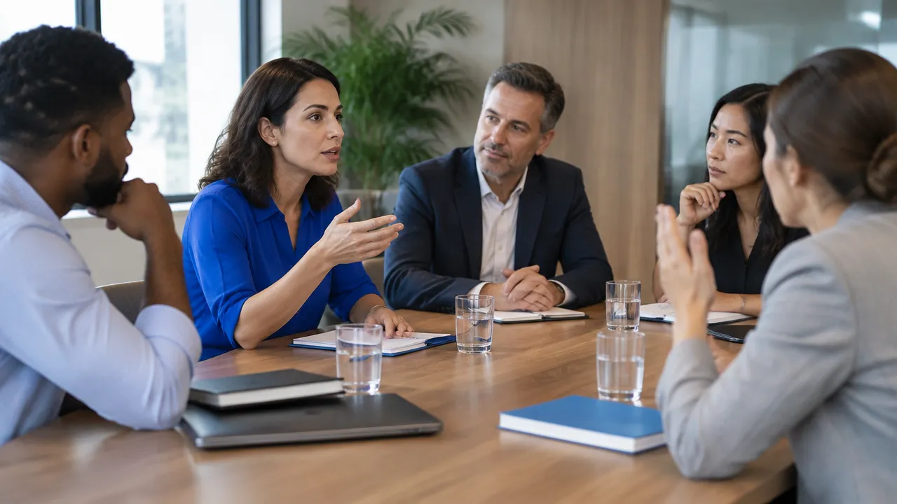 Equipe em reunião observando gestos e posturas que influenciam quem se sente à vontade para falar.