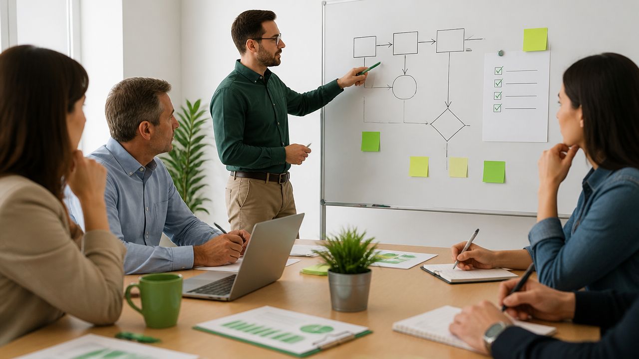 Equipe em treinamento sobre processos e sistema de gestão da qualidade