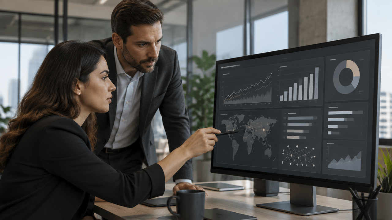 Equipe empresarial analisando dados e indicadores para avaliar um projeto de inteligência artificial