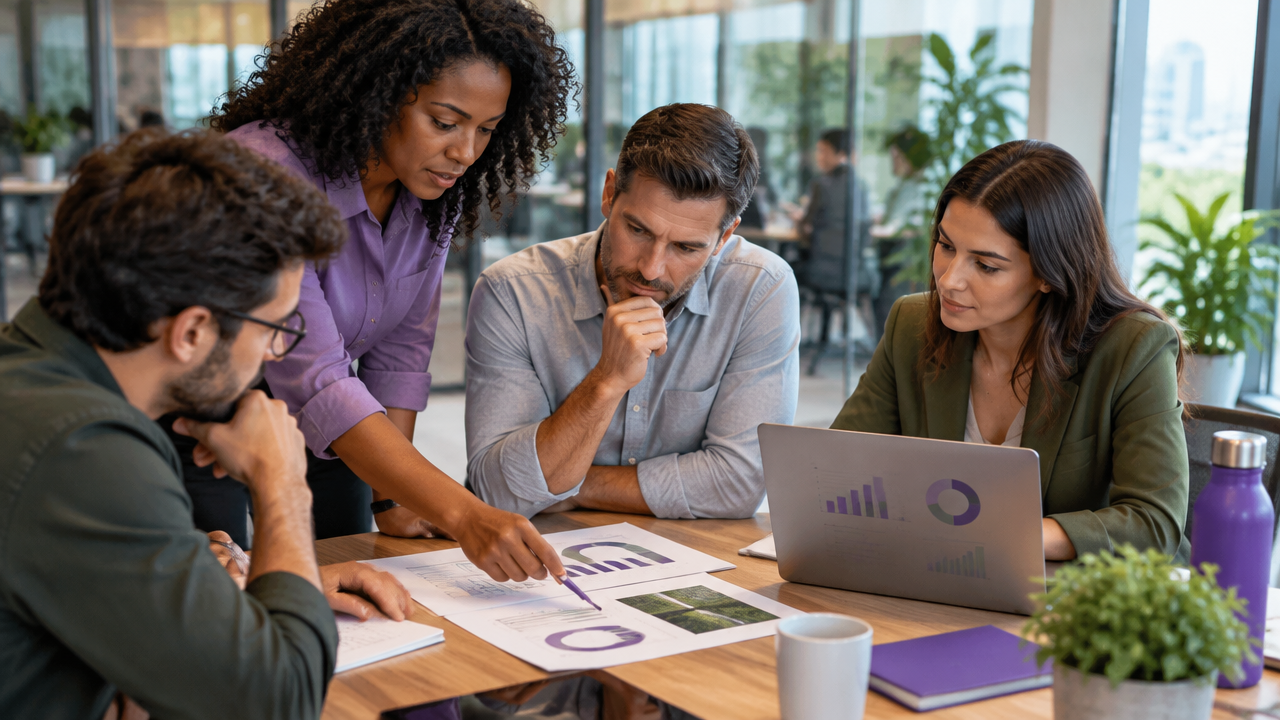 Equipe empresarial analisando impactos, indicadores e ações práticas de sustentabilidade e governança.