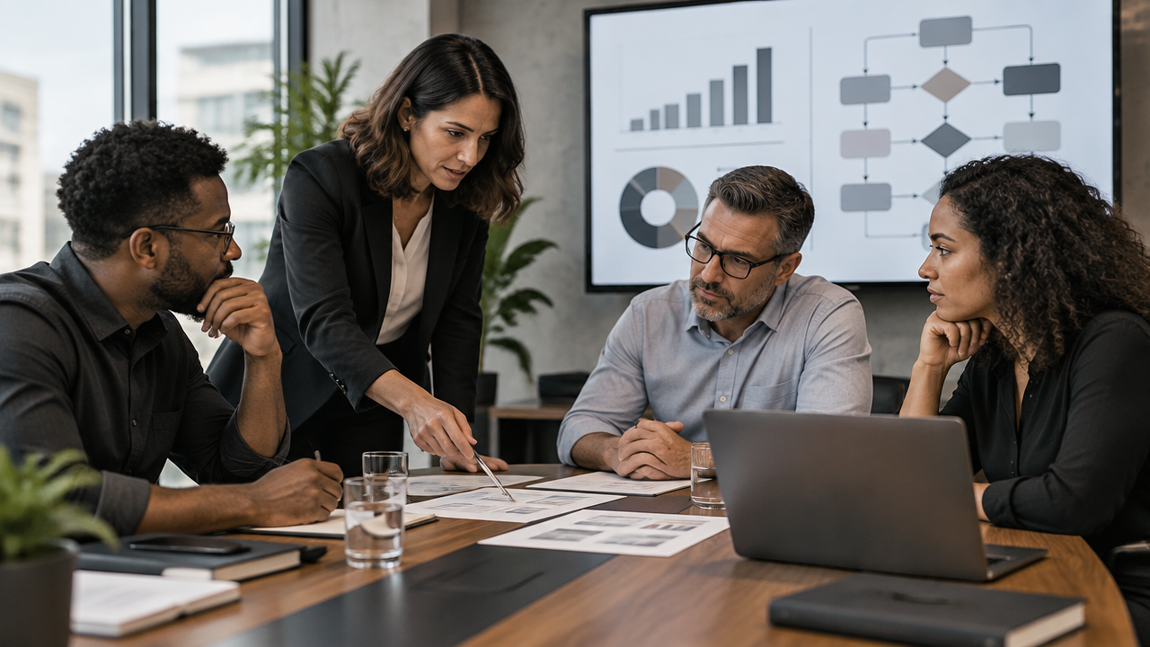 Equipe empresarial analisando processos e indicadores para avaliar sua maturidade operacional