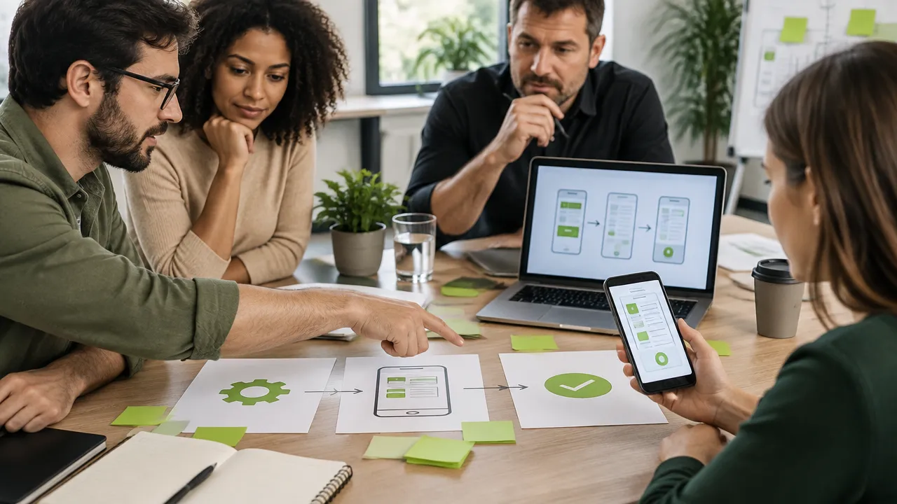 Equipe empresarial avaliando o protótipo de um aplicativo móvel durante uma reunião de planejamento