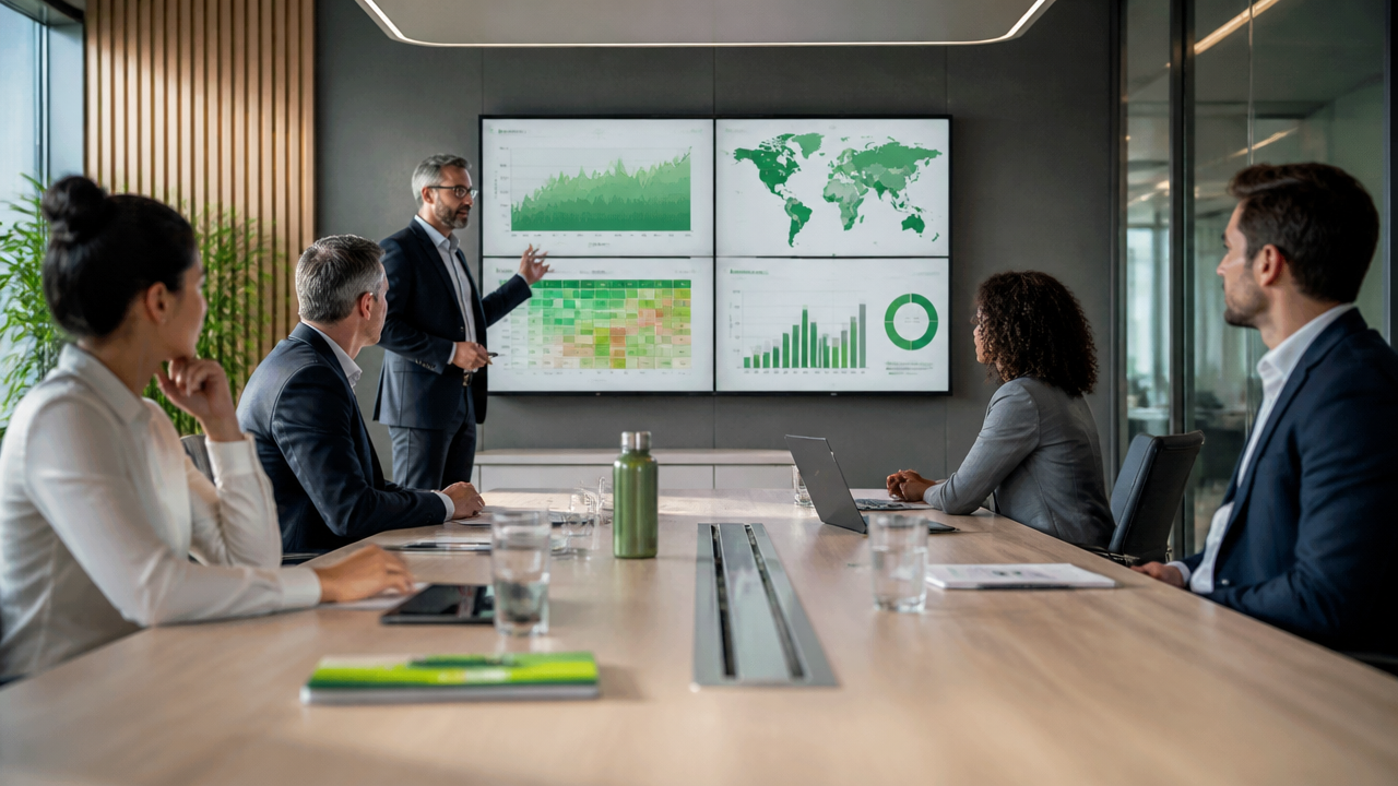 Equipe executiva analisando cenários de risco e continuidade em reunião estratégica