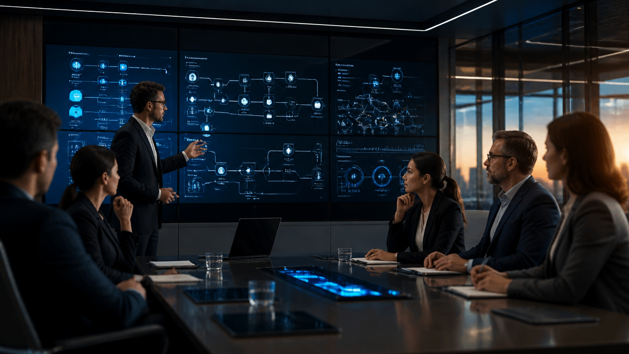 Equipe executiva avaliando automações com inteligência artificial em ambiente corporativo moderno.