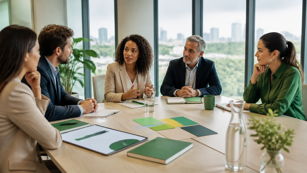 Equipe executiva reunida para integrar sustentabilidade e ODS à estratégia empresarial