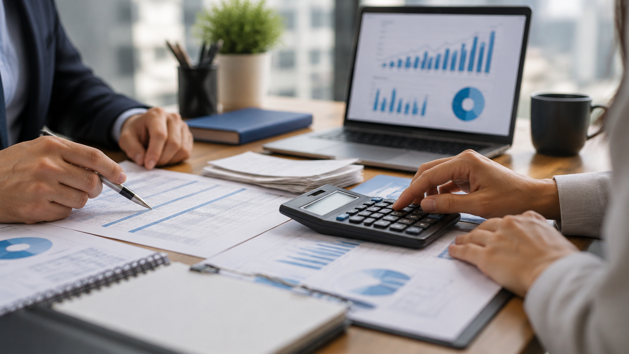 Equipe financeira compara custos, documentos fiscais e projeções de caixa para revisar preços