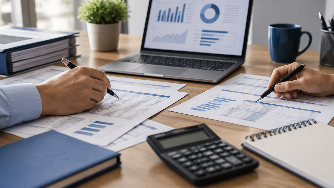 Equipe financeira concilia documentos fiscais e registros digitais para rastrear riscos tributários