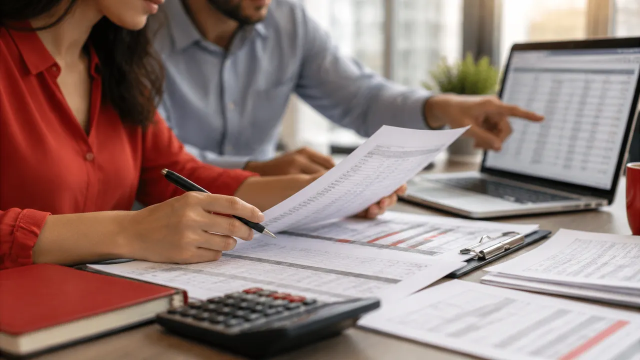 Equipe financeira confere documentos e registros digitais para mapear dados entre ERP e contabilidade