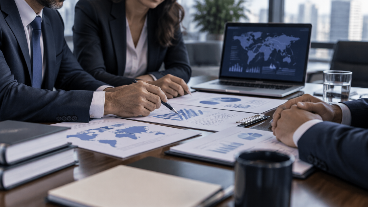 Equipe financeira corporativa analisa relatórios para avaliar o Adicional da CSLL e a tributação mínima global