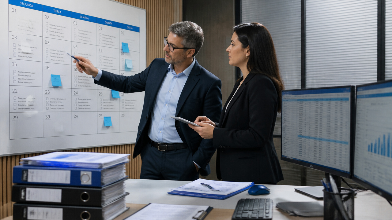 Equipe financeira organizando calendário fiscal e checklist de compliance tributário.