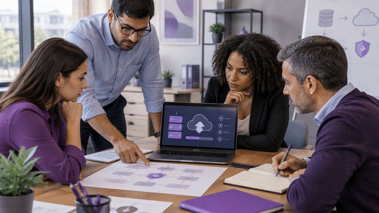 Equipe financeira revisando um plano de continuidade e recuperação de dados