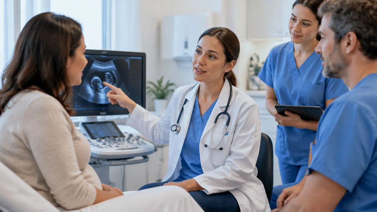 Equipe ginecológica explica a avaliação e as opções de tratamento de forma acolhedora antes de uma possível cirurgia.