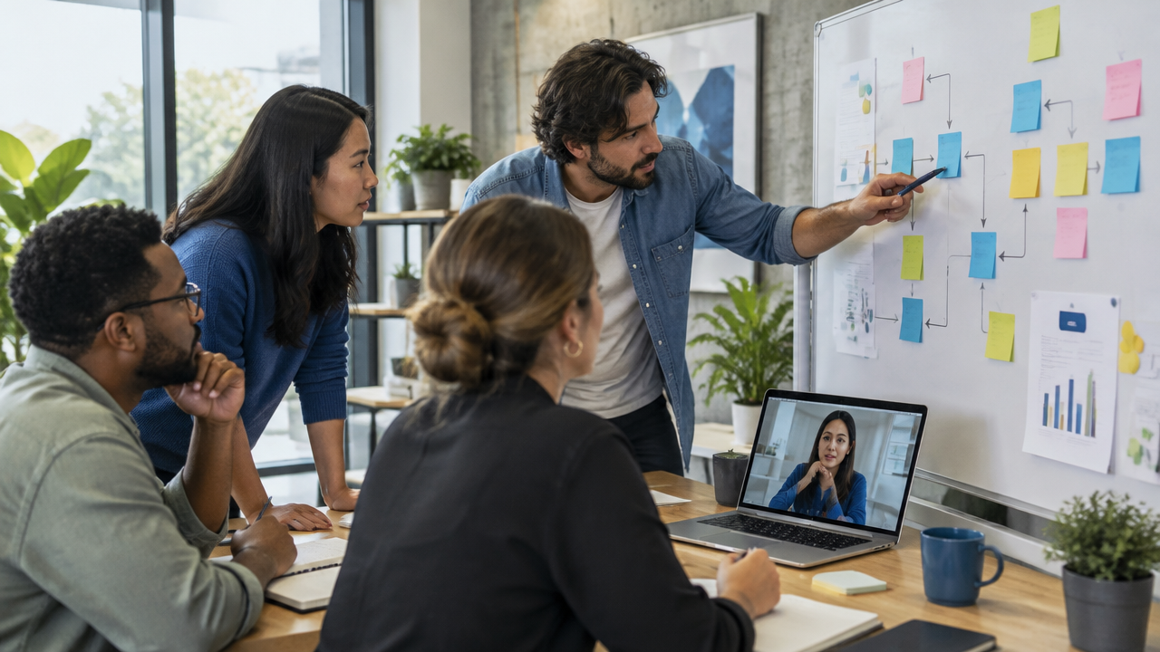 Equipe híbrida mapeia dependências e acordos de trabalho diante de um quadro colaborativo.