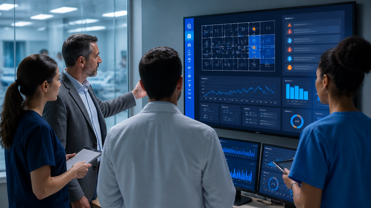 Equipe hospitalar analisando histórico ambiental e alertas preditivos em painel digital