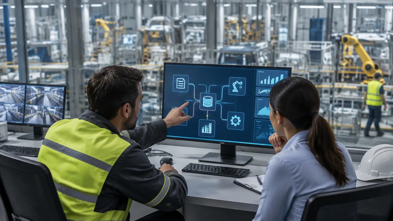 Equipe industrial analisa em conjunto um painel de dados para planejar a integração de sistemas