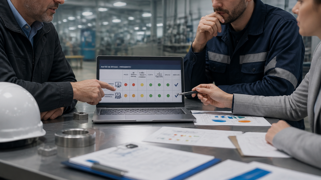Equipe industrial avaliando critérios para escolher entre treinamento digital e presencial