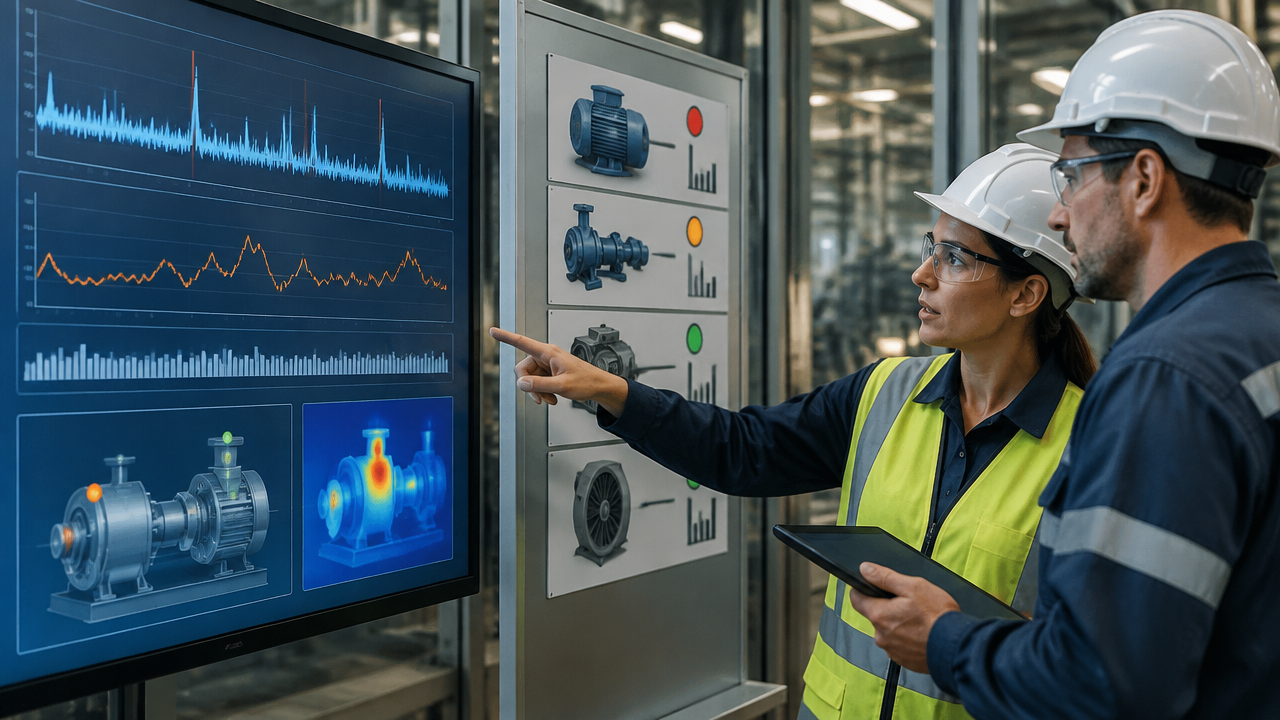Equipe industrial compara tendências de condição e prioriza quais ativos devem receber sensores