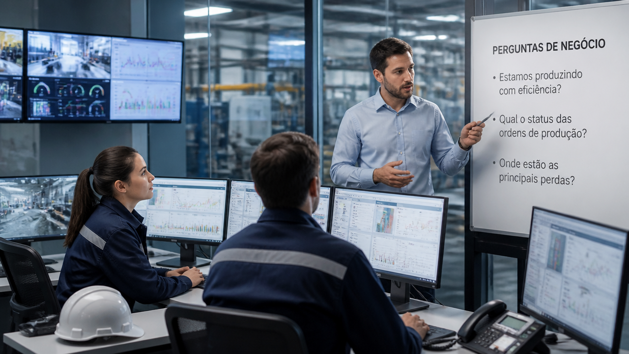 Equipe industrial definindo perguntas de negócio diante de indicadores operacionais