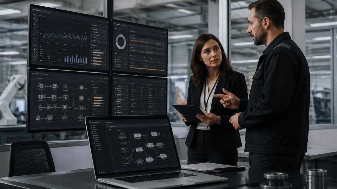 Equipe integrando inteligência artificial a sistemas legados com dashboards operacionais.