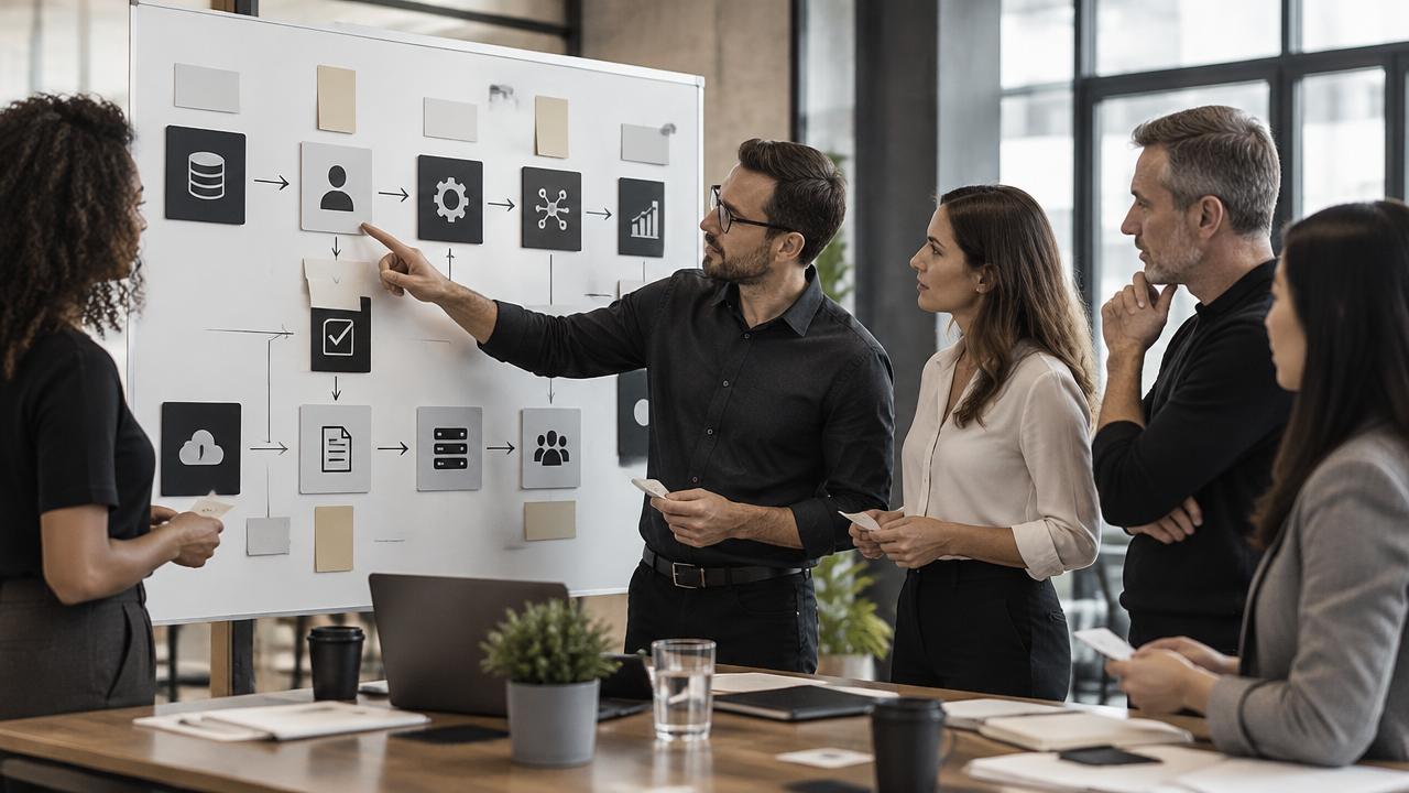Equipe mapeia um processo empresarial e seus pontos de automação durante uma consultoria de inteligência artificial.