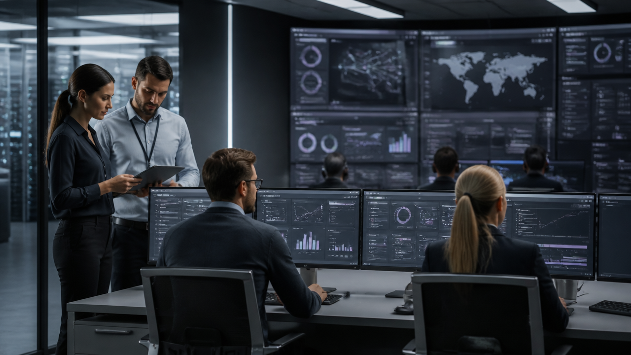 Equipe monitorando permissões, auditoria e métricas de uma base de conhecimento com IA
