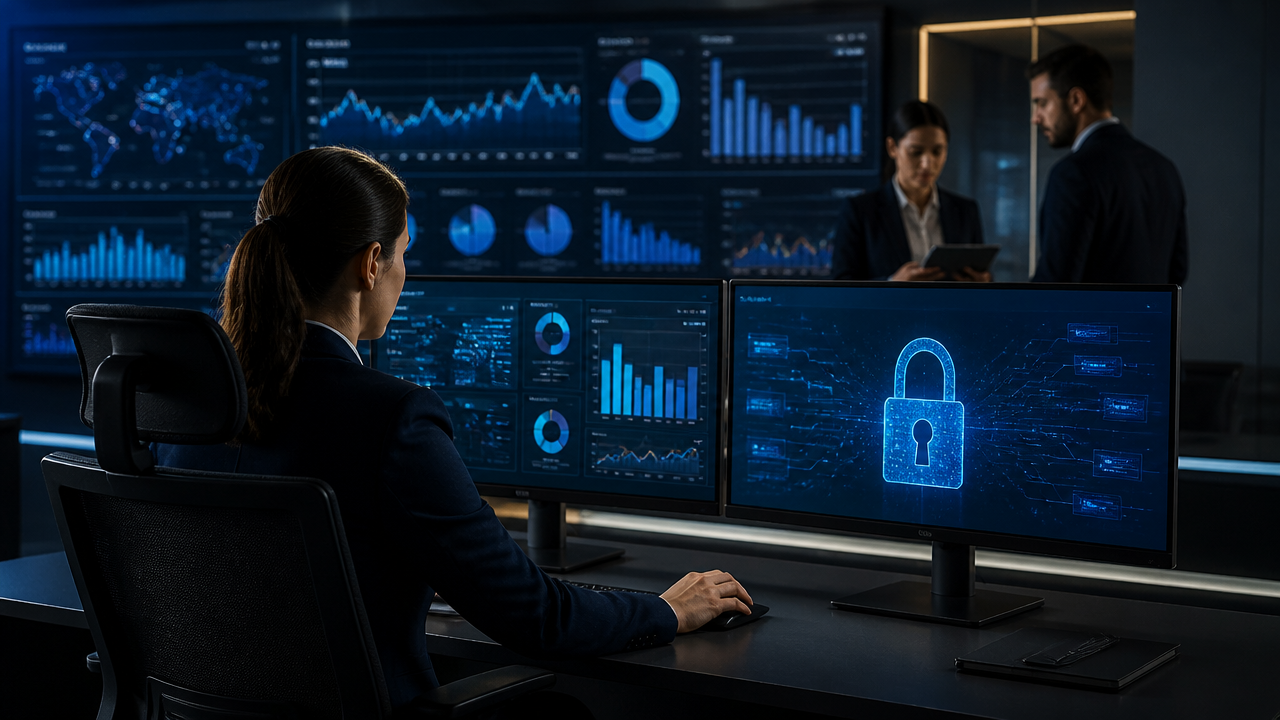 Equipe monitorando segurança, qualidade e governança de dados tributários em painéis digitais.