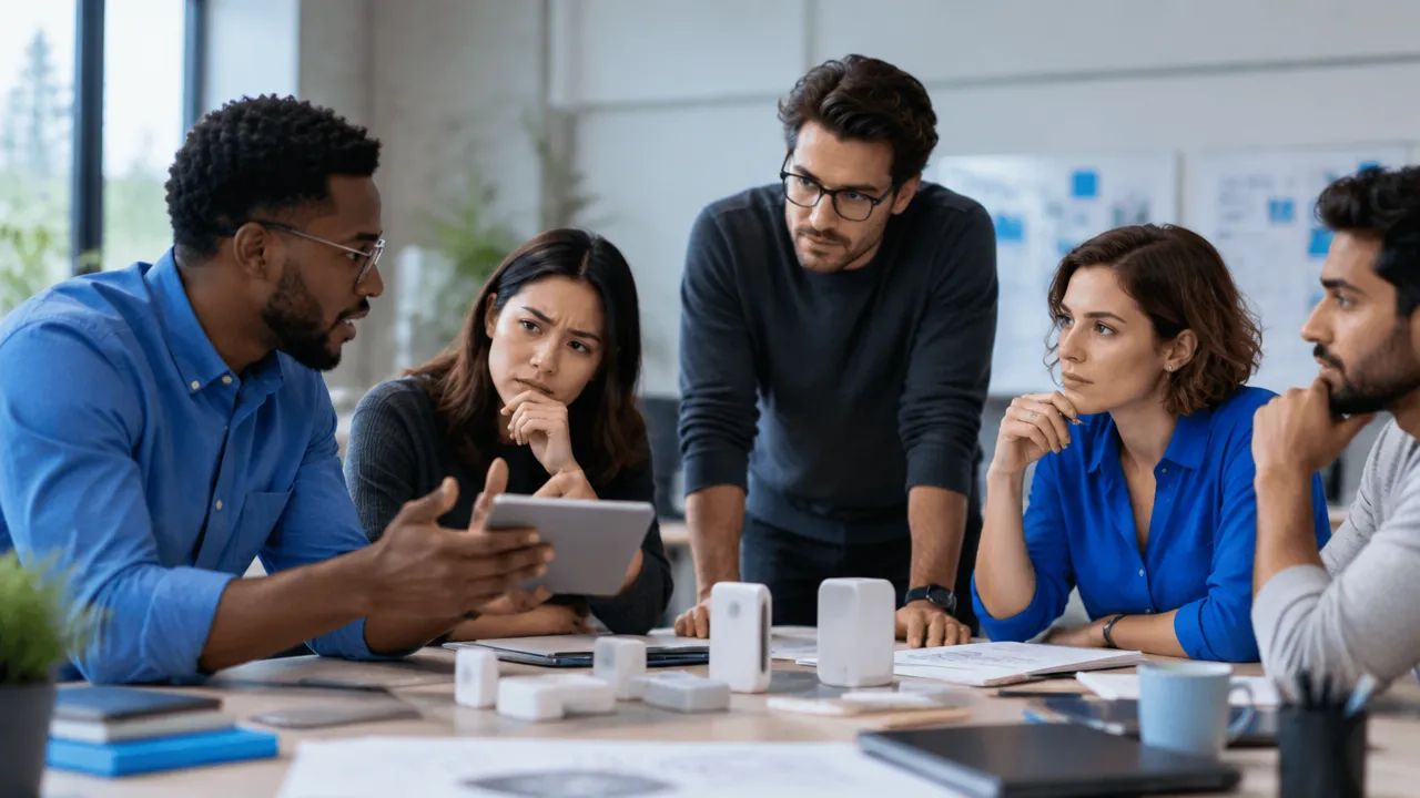 Equipe multidisciplinar debatendo os impactos éticos de um protótipo durante uma reunião de inovação