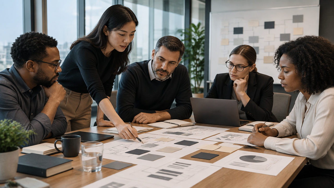 Equipe multidisciplinar estruturando requisitos e critérios para uma RFP de inteligência artificial