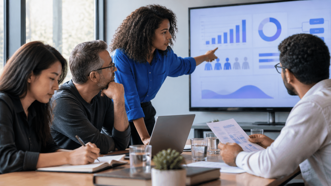 Equipe multidisciplinar revisa resultados de um sistema de inteligência artificial antes de sua implantação.
