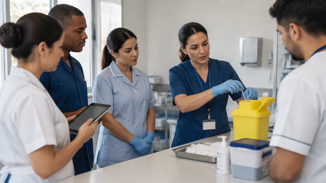 Equipe multiprofissional participa de treinamento de segurança com conteúdo digital e demonstração prática.