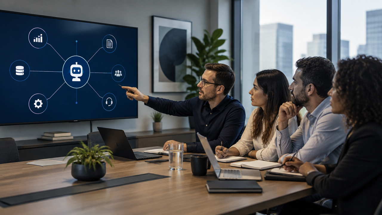 Equipe observa conexões entre uma IA e sistemas empresariais integrados