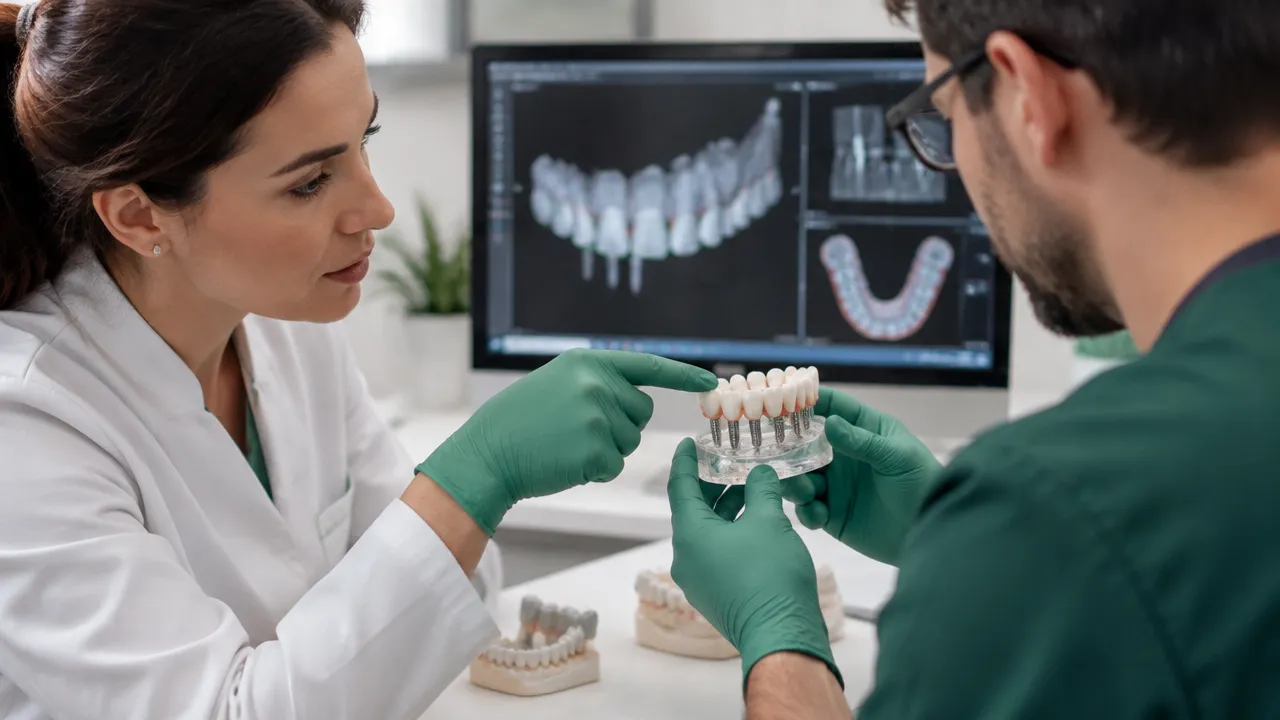 Equipe odontológica analisa modelo de prótese fixa e planeja a reabilitação sobre implantes