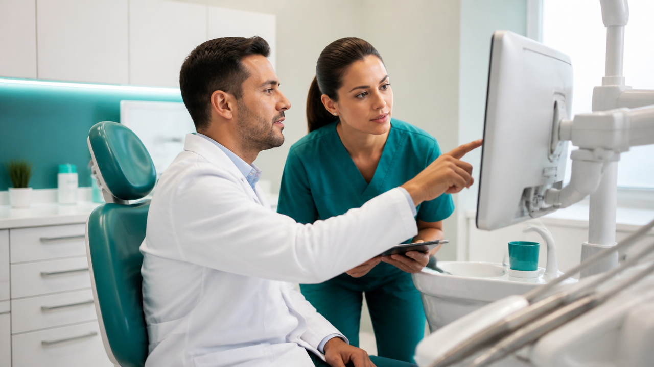 Equipe odontológica revisando prontuário digital e informações do paciente