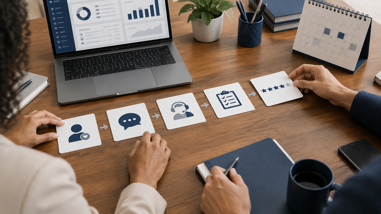 Equipe organiza as etapas de acompanhamento do cliente em um processo de pós-venda