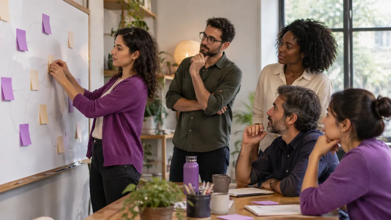 Equipe organiza cartões e observa padrões recorrentes durante uma conversa facilitada