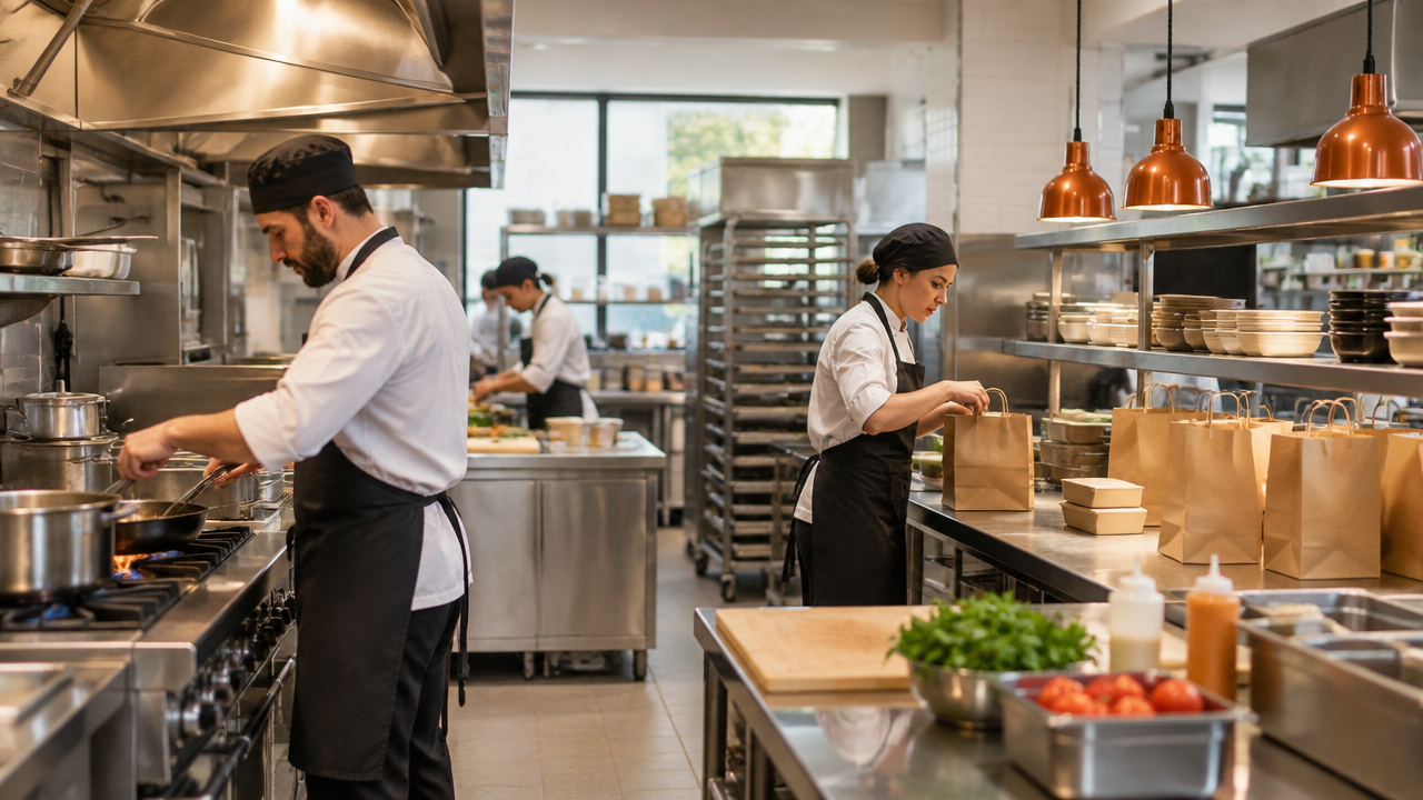 Equipe organiza estações, equipamentos e embalagens em cozinha profissional para avaliar a operação de delivery